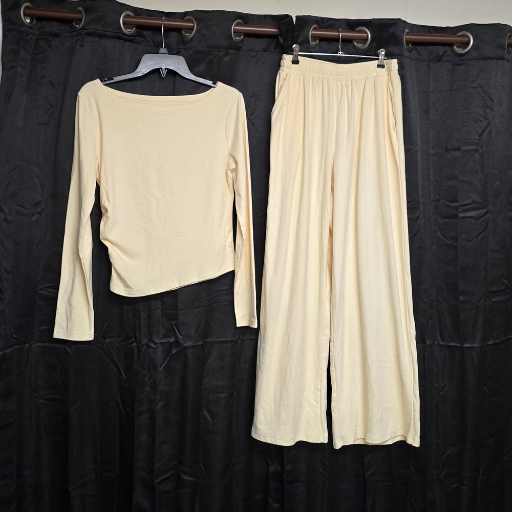 Cream Long Sleeve Top and Wide-Leg Pants Casual Comfy Lounge Set
